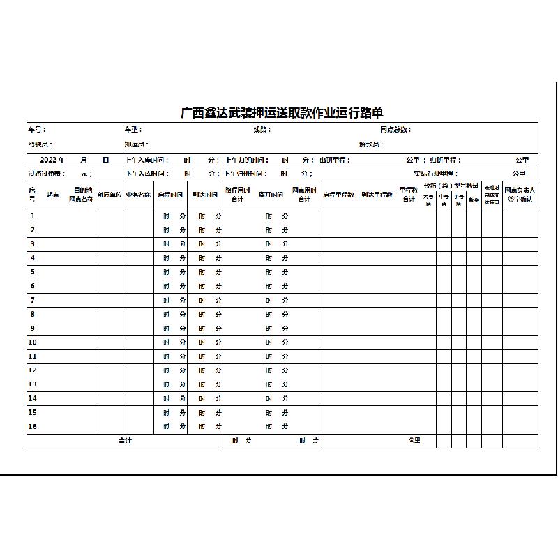 广西鑫达武装押运送取款作业运行路单